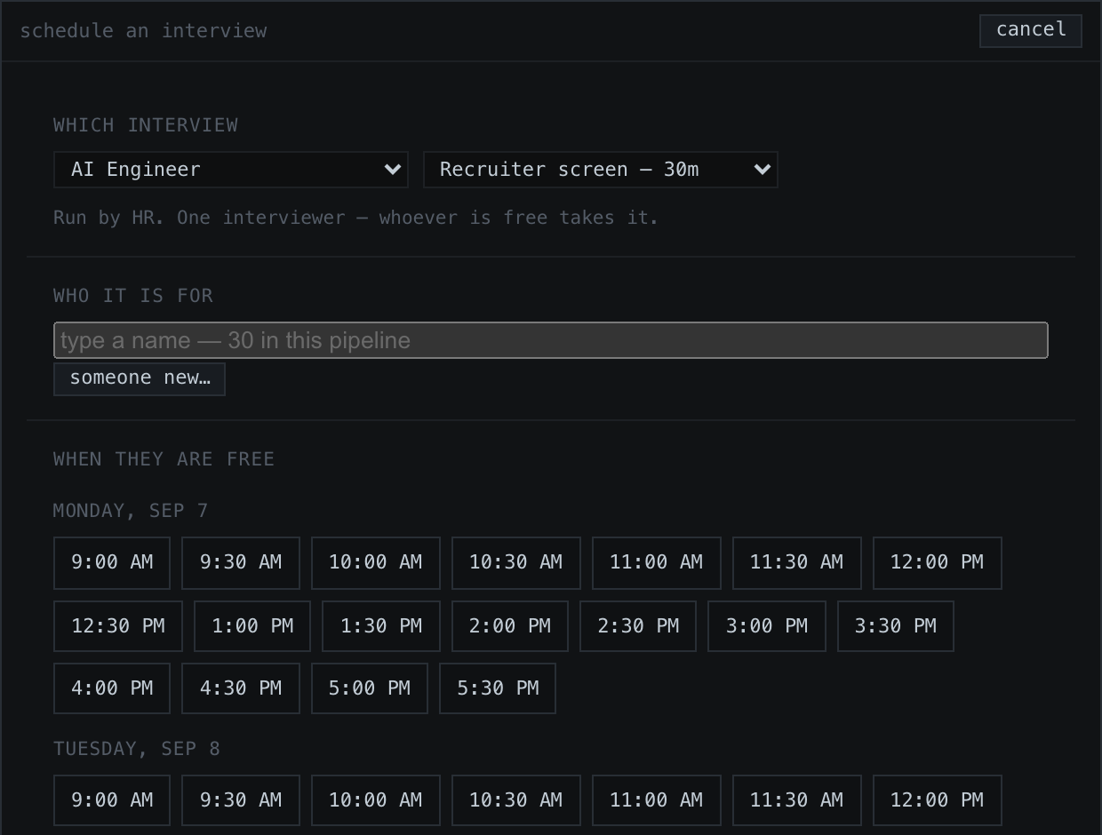 The scheduling sheet: a round, a candidate, and real open times grouped by day.