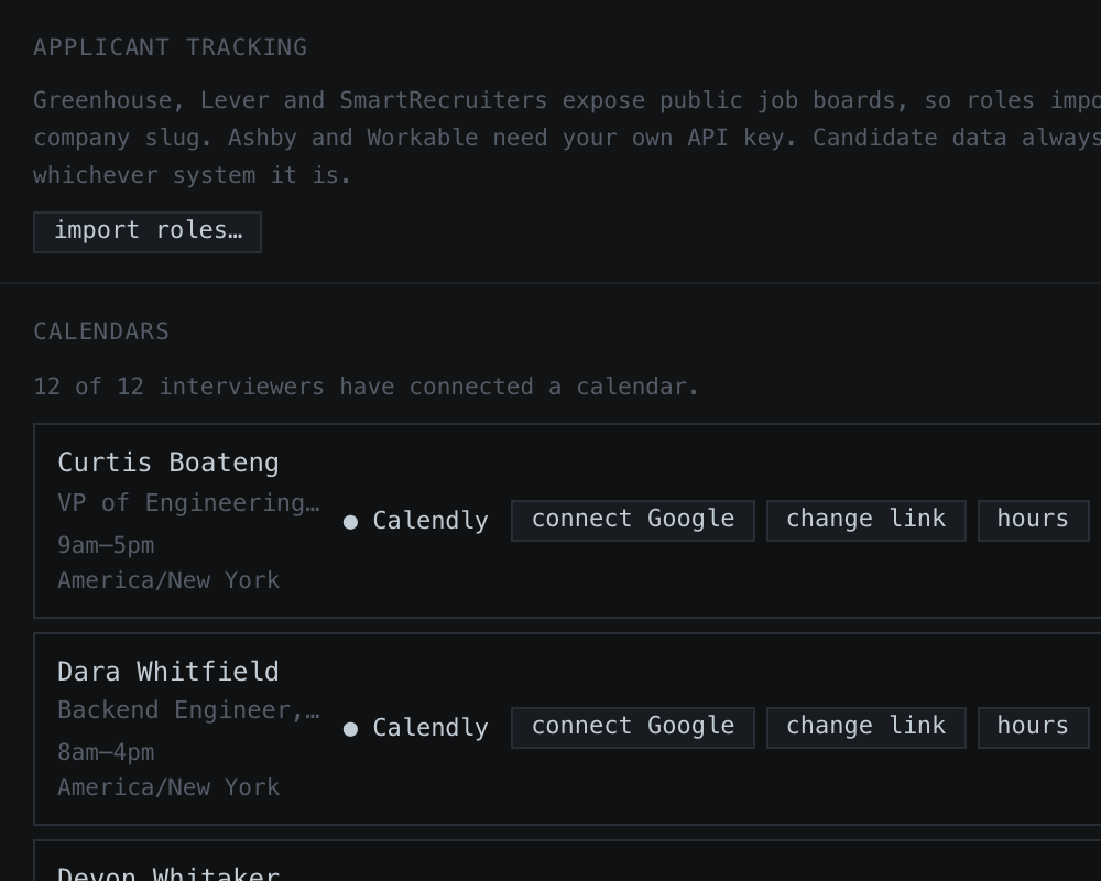 The settings screen showing integrations, calendars and the sending domain.